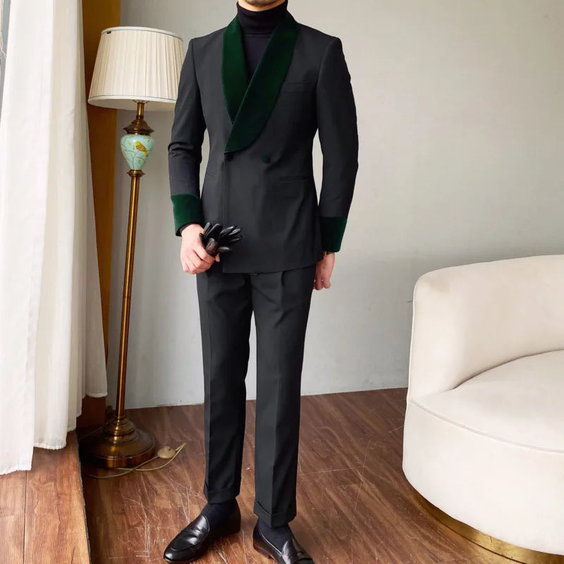Traje formal de cuello chal de terciopelo, traje de dos piezas para fiesta de boda, traje de banquete para novio, traje ajustado para hombre, boda