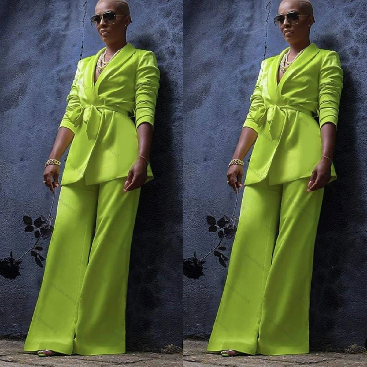 Costume 2 pièces vert à revers châle pour femme, robe blazer à lacets, sur mesure, élégant, pantalon large, robe de soirée