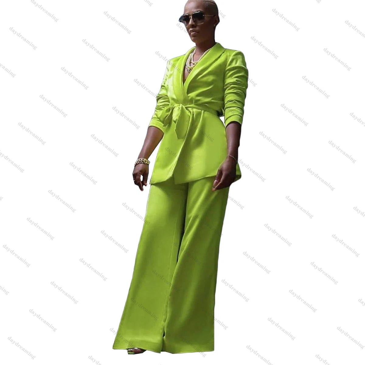 Costume 2 pièces vert à revers châle pour femme, robe blazer à lacets, sur mesure, élégant, pantalon large, robe de soirée