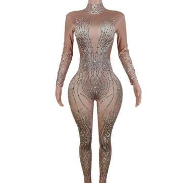 Crystal-Embellished High-Performance Jumpsuit for Women - Perfect for Acrobatics, Dance, and Stage Events