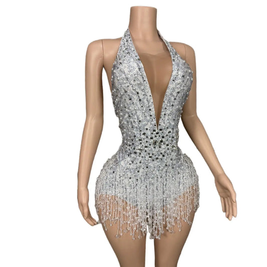 Robe à franges scintillante en strass et perles pour fêtes et spectacles féminins, superbe costume dos nu sans manches 