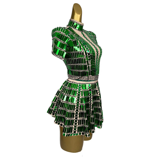 Robe courte à paillettes vertes brillantes avec miroirs pour femme, tenue de spectacle 2 pièces pour bar, discothèque, DJ, chanteuse, DS 