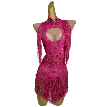 Shining Rhinestones Tassel Nightclub Bodysuit Women Stretch Skinny Leotard Stage Dancer Costumes Pole Dance Outfits