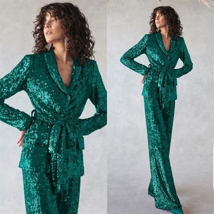 Conjunto de trajes de mujer con lentejuelas brillantes para fiesta, 2 piezas, blazer con cinturón y pantalones, vestido formal de noche para alfombra roja, hecho a medida 