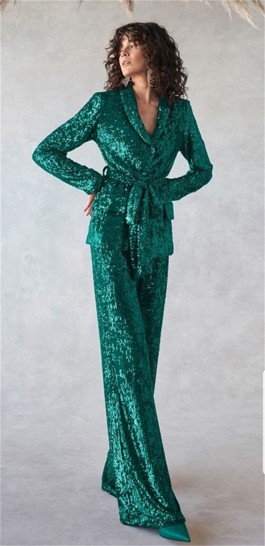 Conjunto de trajes de mujer con lentejuelas brillantes para fiesta, 2 piezas, blazer con cinturón y pantalones, vestido formal de noche para alfombra roja, hecho a medida 