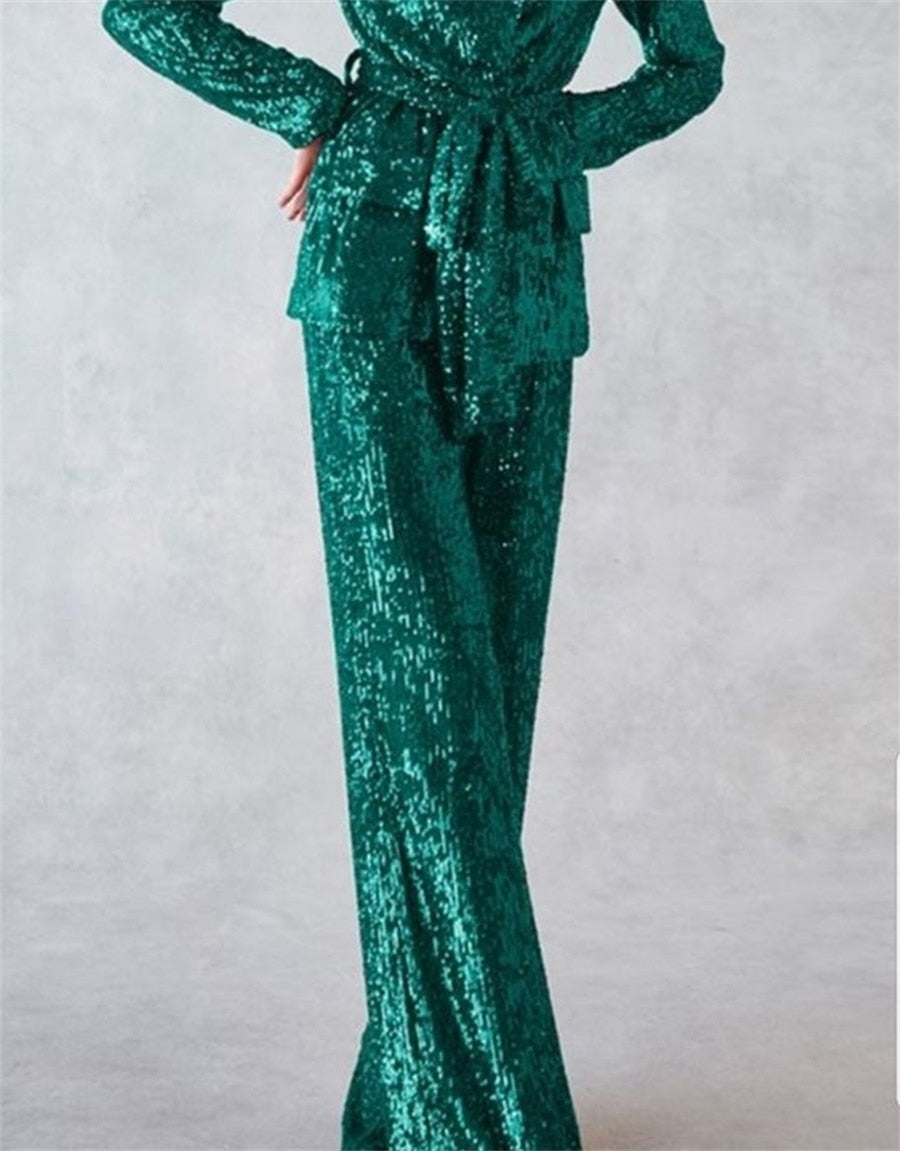 Conjunto de trajes de mujer con lentejuelas brillantes para fiesta, 2 piezas, blazer con cinturón y pantalones, vestido formal de noche para alfombra roja, hecho a medida 