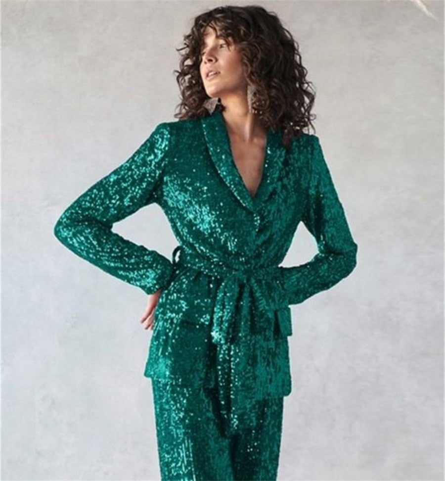 Conjunto de trajes de mujer con lentejuelas brillantes para fiesta, 2 piezas, blazer con cinturón y pantalones, vestido formal de noche para alfombra roja, hecho a medida 