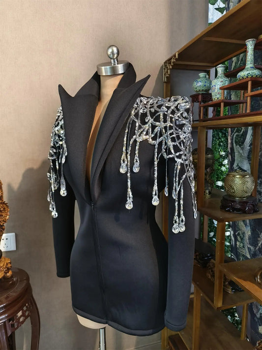 Veste en cristal à paillettes brillantes, tenue de scène sexy, robes de bar, de chanteur, de DJ, de discothèque, de jazz, de spectacle
