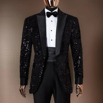 Dazzling Black Sequin Tuxedo Suit for Men – Slim Fit One Button Blazer with Matching Pants Perfect for Weddings and Parties