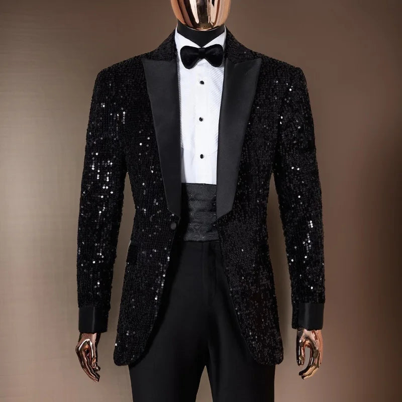 Costume smoking noir éblouissant à paillettes pour homme – Blazer slim à un bouton avec pantalon assorti, idéal pour les mariages et les fêtes