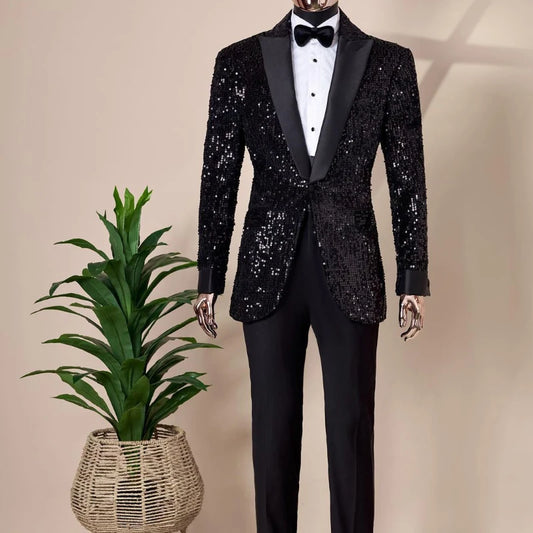 Dazzling Black Sequin Tuxedo Suit for Men – Slim Fit One Button Blazer with Matching Pants Perfect for Weddings and Parties