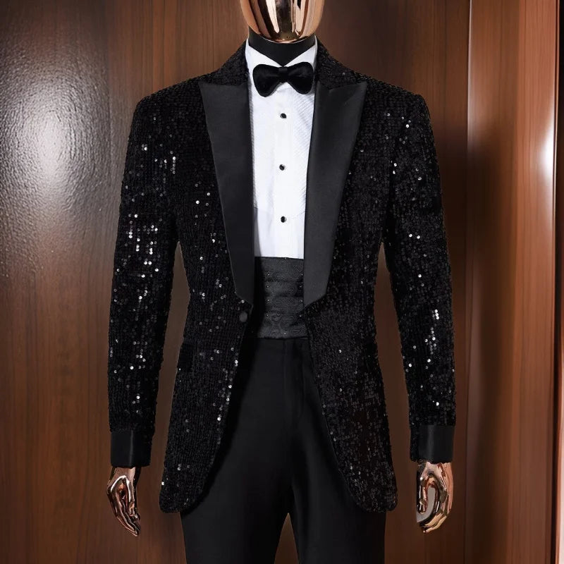 Costume smoking noir éblouissant à paillettes pour homme – Blazer slim à un bouton avec pantalon assorti, idéal pour les mariages et les fêtes