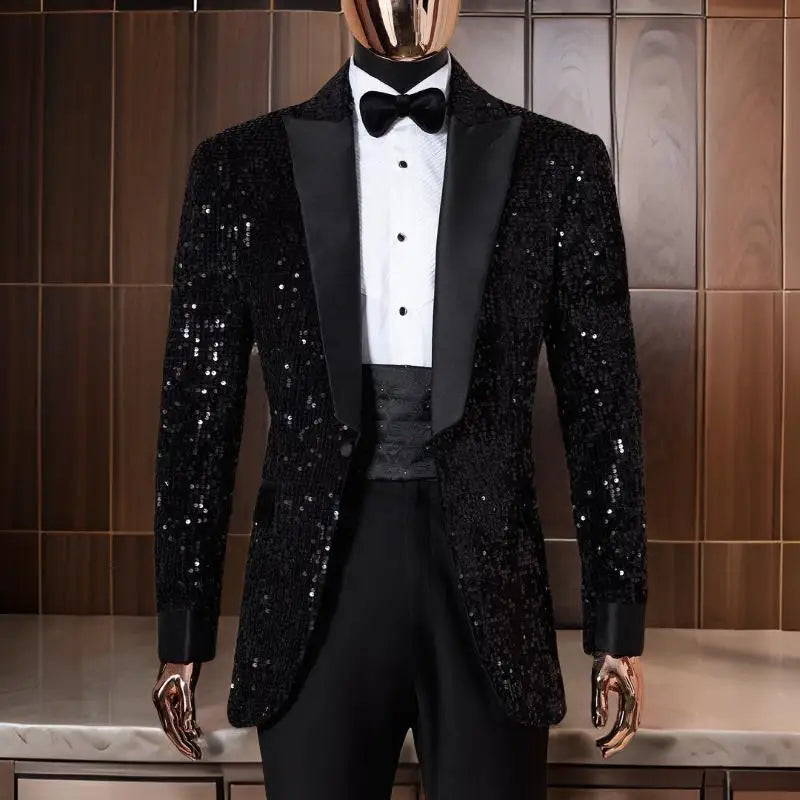 Costume homme 2 pièces à paillettes brillantes, coupe slim, revers cranté, blazer à un bouton avec pantalon, veste sur mesure pour marié, fête de mariage