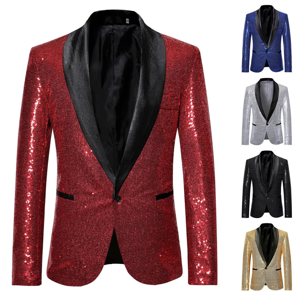 Chaqueta blazer con lentejuelas doradas brillantes y adornos brillantes para hombre, elegante blazer de color liso para negocios, ropa exterior, blusa, disfraces para hombre