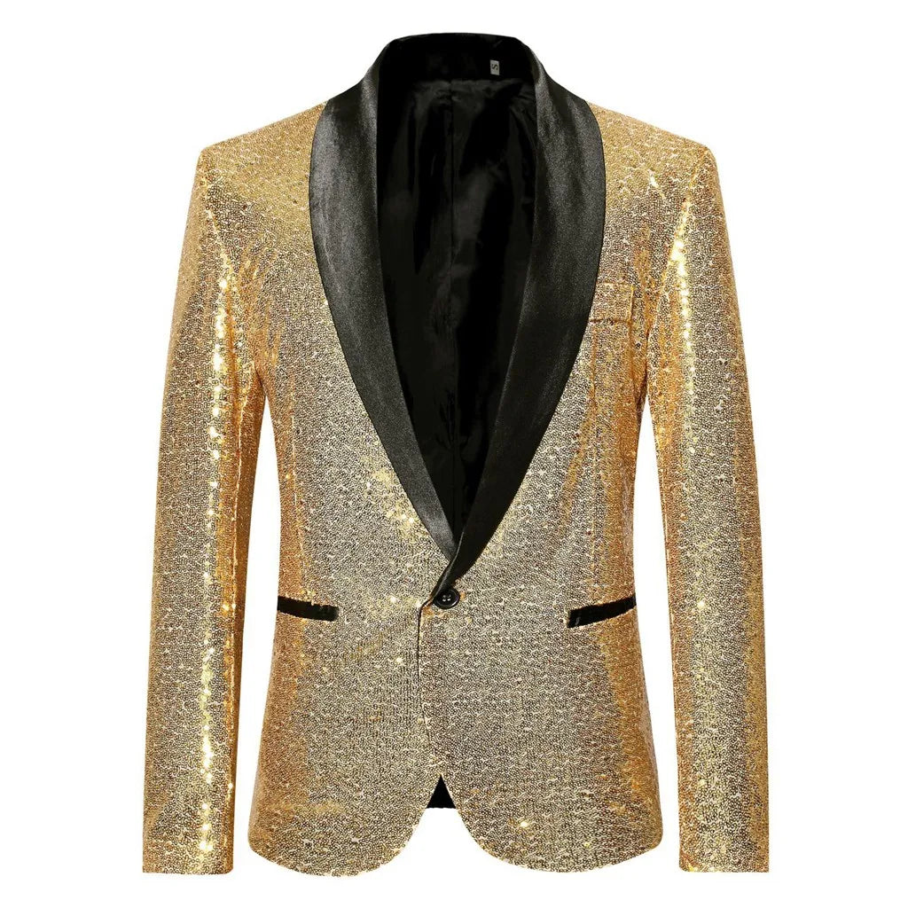 Chaqueta blazer con lentejuelas doradas brillantes y adornos brillantes para hombre, elegante blazer de color liso para negocios, ropa exterior, blusa, disfraces para hombre