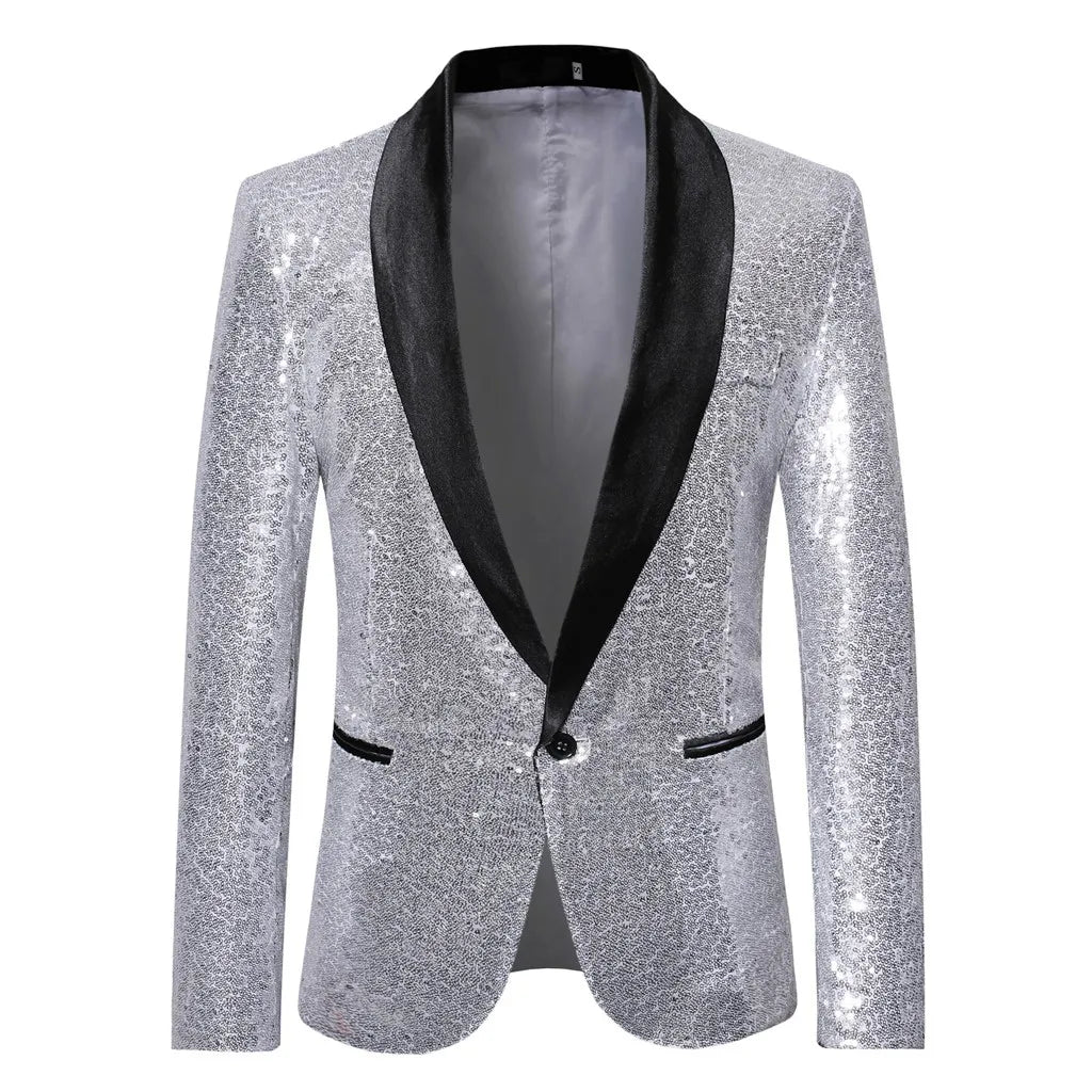 Chaqueta blazer con lentejuelas doradas brillantes y adornos brillantes para hombre, elegante blazer de color liso para negocios, ropa exterior, blusa, disfraces para hombre