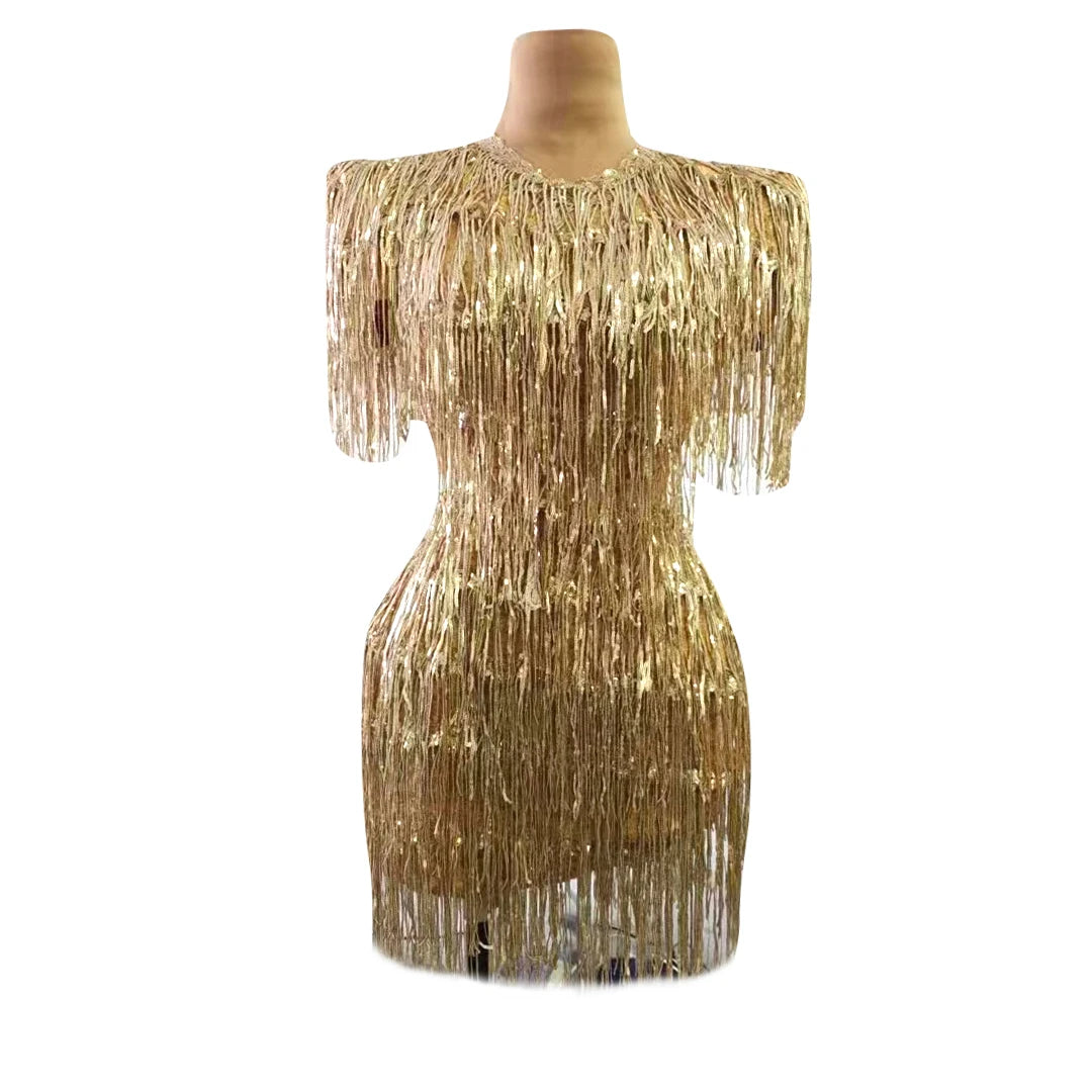 Shiny Gold Sequins Fringes Sleeveless Short Dress Evening Birthday Celebrate Costume Women Dancer Show Party Dress