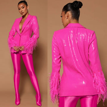 Shiny Leather Women Dress Peaked Lapel One Button Jacket Custom Made Full Sleeve Feathwe Fashion Daily Blazer 1 Piece