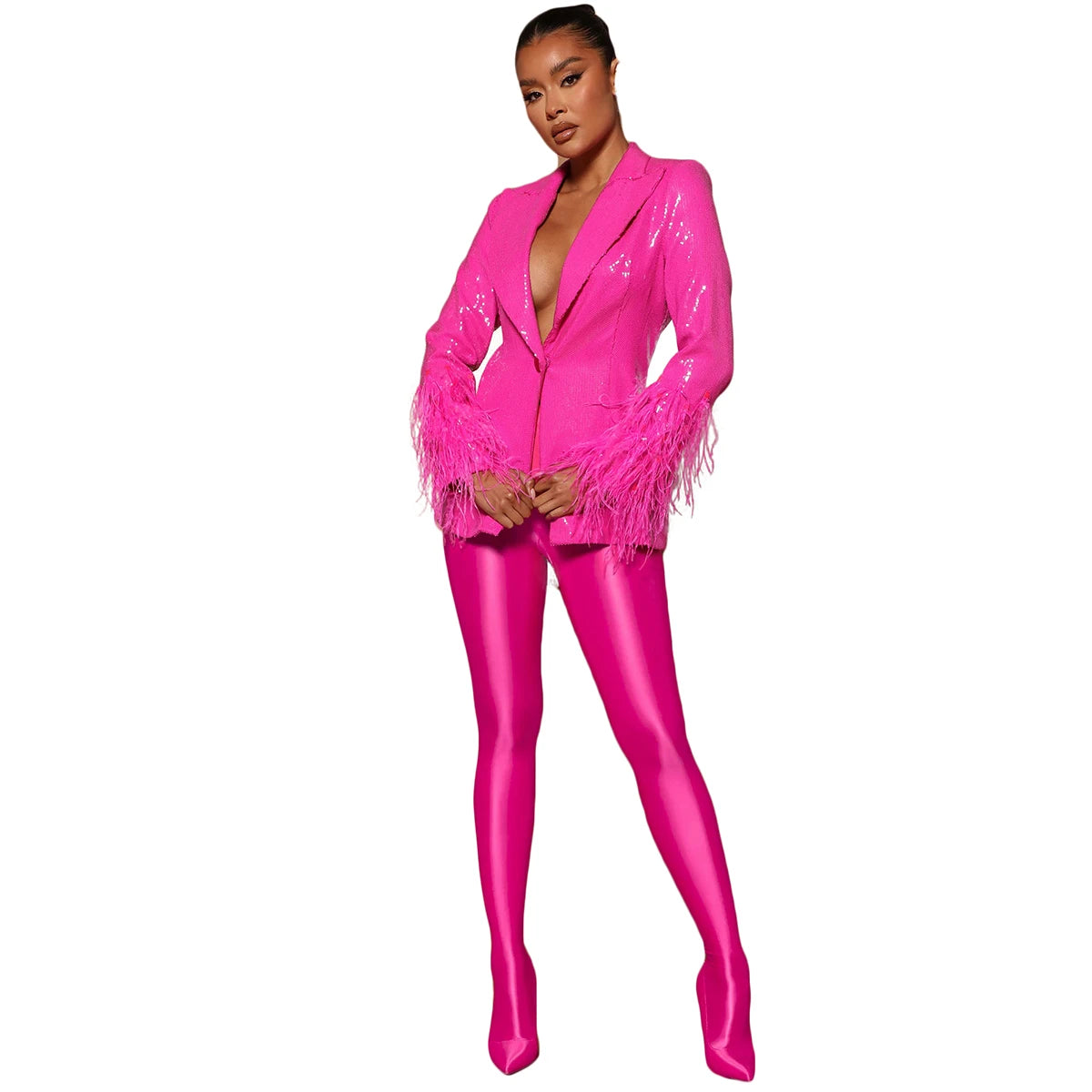 Robe en cuir brillant pour femme, veste à revers pointu, un bouton, sur mesure, manches longues, plumes, mode quotidienne, blazer 1 pièce