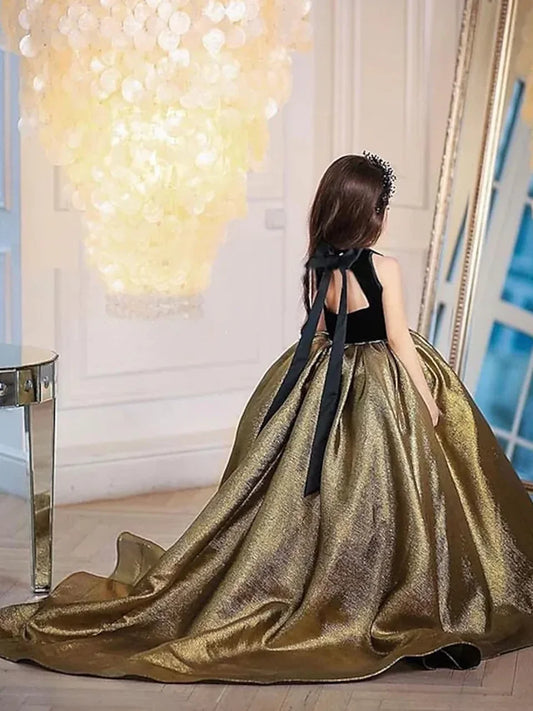 Vestido elegante de fiesta dorado y top negro sin mangas para niñas