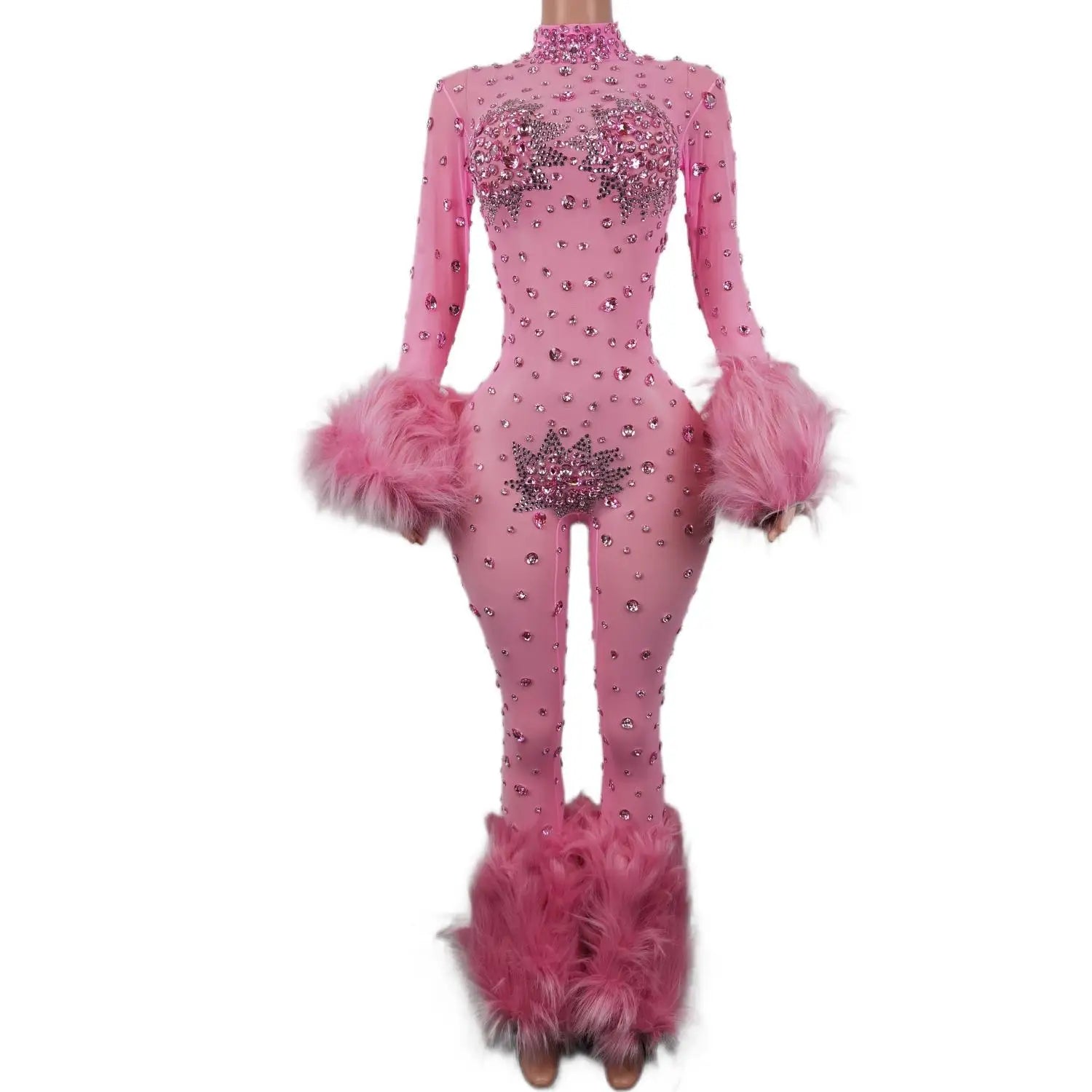 Combinaison transparente en maille rose brillante, tenue d'anniversaire sexy et poilue, costume de danseuse et de chanteuse, tenue de scène 