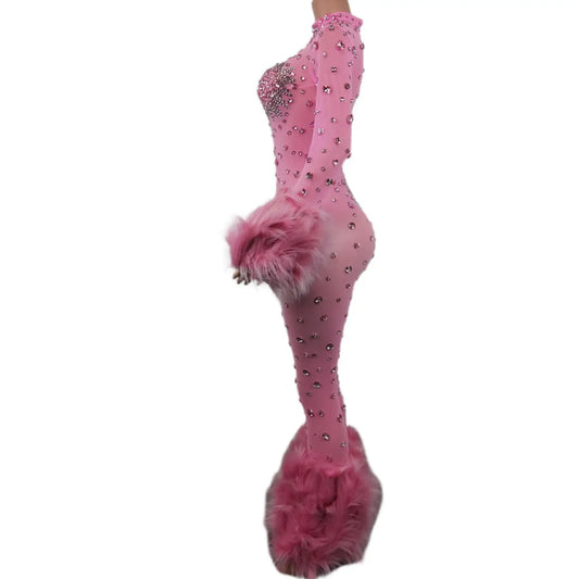 Combinaison transparente en maille rose brillante, tenue d'anniversaire sexy et poilue, costume de danseuse et de chanteuse, tenue de scène 
