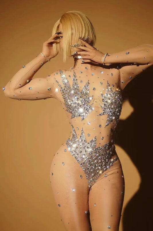 Glamorous Silver Crystal Mesh Bodysuit for Women - Perfect for Dance Performances, Parties, and Celebrations