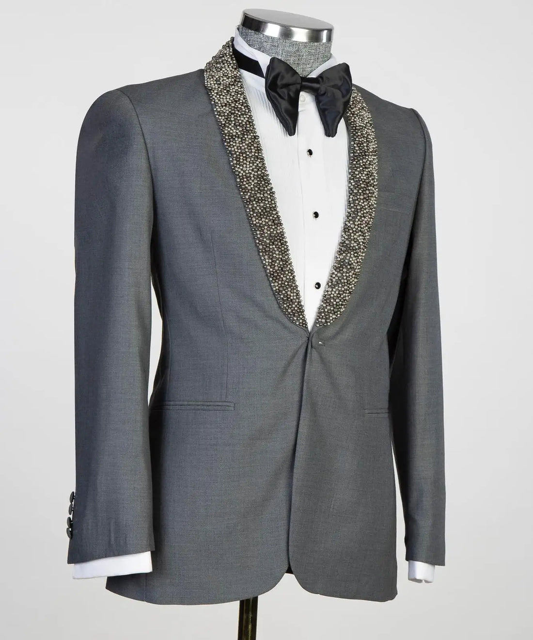 Silver Beaded Men's Suit Set, Blazer with Sheer Lapel for Prom and Weddings, Tailored Plus Size