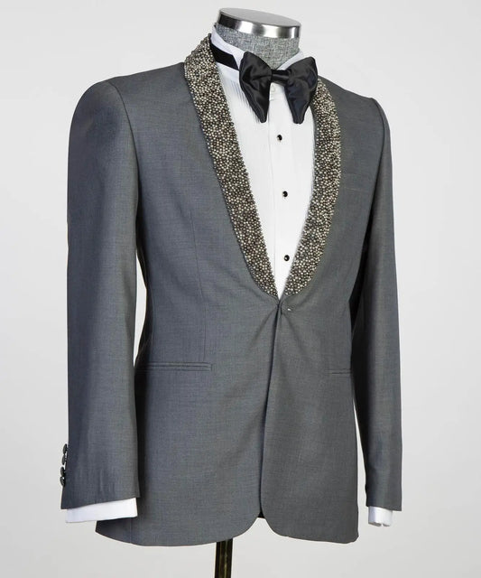 Ensemble de costume élégant pour homme avec perles argentées – Blazer élégant à revers transparent pour bal, mariage et événements formels – Options de taille plus sur mesure disponibles
