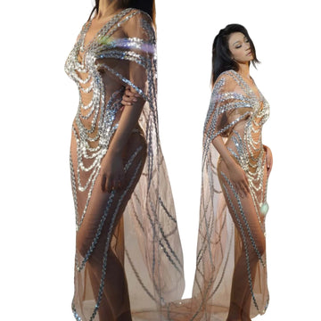 Robe longue à paillettes argentées pour fête d'anniversaire, tenue de rave en maille transparente, costume de showgirl, tenue de scène pour femme 