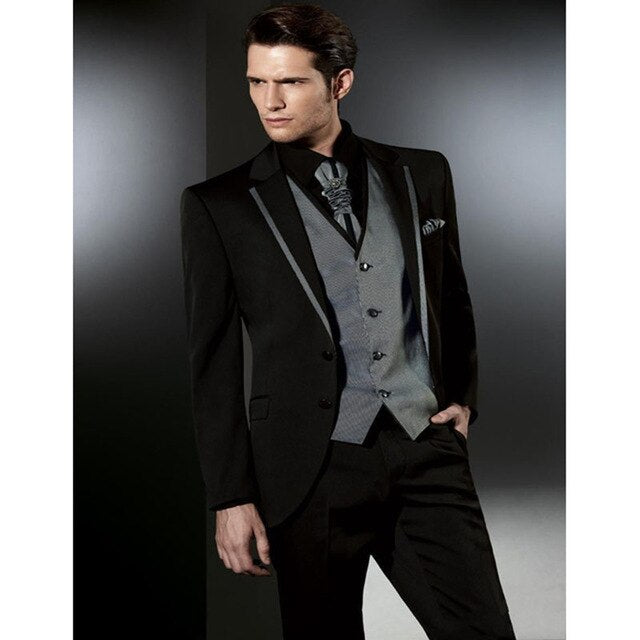 Silver Vest Black Blazer Trousers 2Buttons Wedding Men Suits 3Pcs(Jacket+Pants+Waistcoat)Best Man Groomsman Business Prom Tuxedo