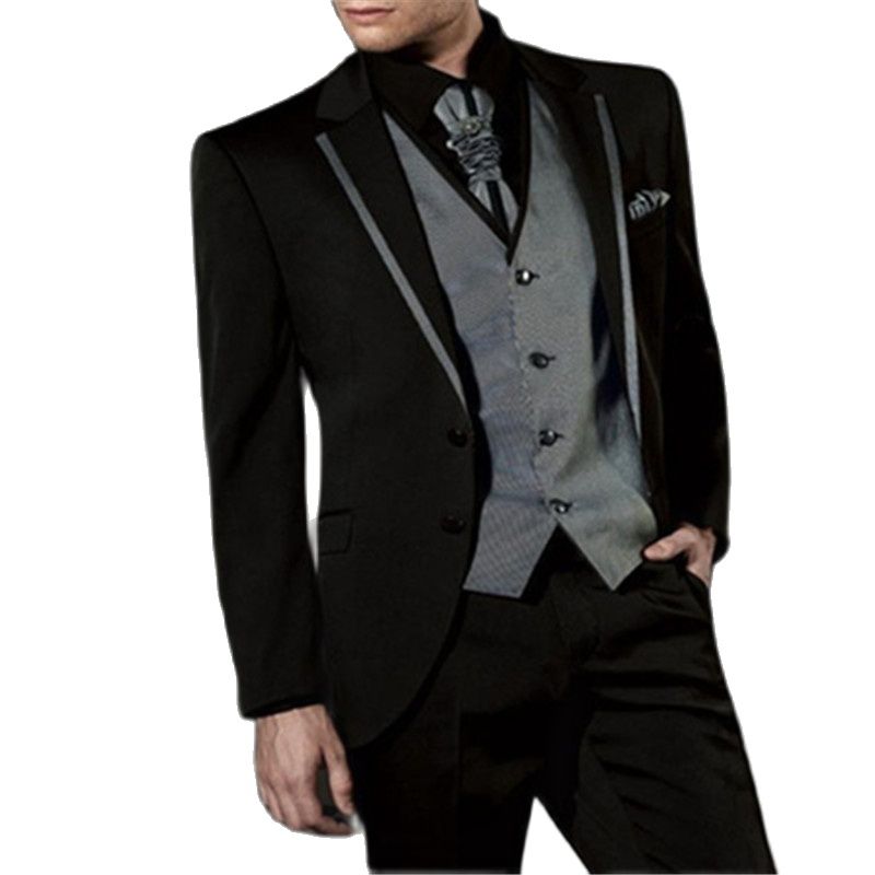 Silver Vest Black Blazer Trousers 2Buttons Wedding Men Suits 3Pcs(Jacket+Pants+Waistcoat)Best Man Groomsman Business Prom Tuxedo