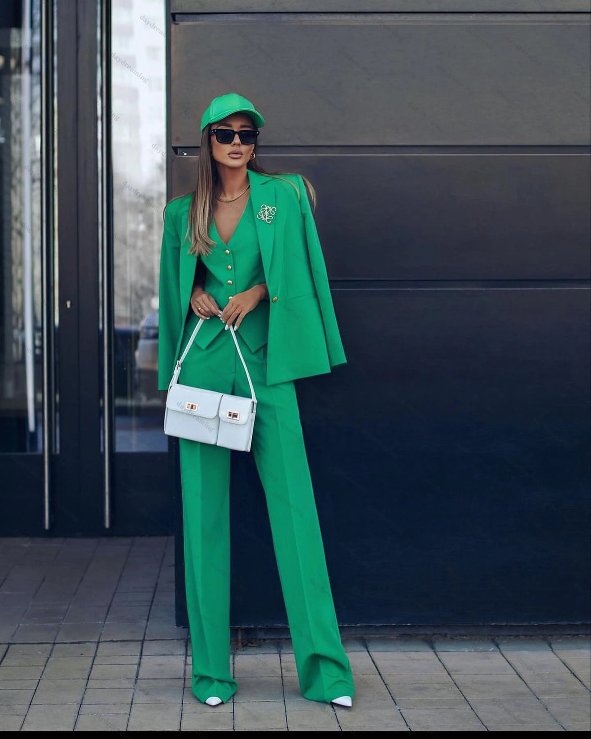 Simple Classic Green 3 Pieces Jacket Pant Vest Suits Notched Lapel Formal Casual Female Suit Lady Prom Party Streetwaer Outfits