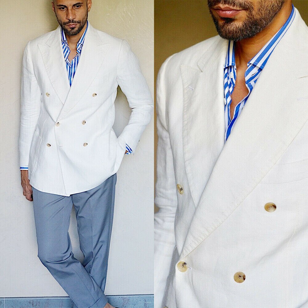 Costume de marié simple et personnalisé blanc à revers pointus, croisé, pour bal de promo, mariage (veste + pantalon)
