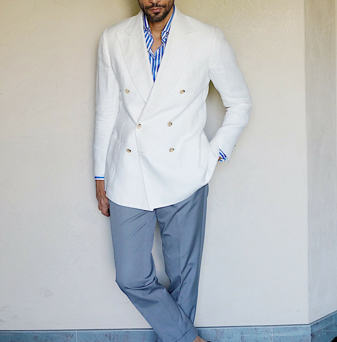 Costume de marié simple et personnalisé blanc à revers pointus, croisé, pour bal de promo, mariage (veste + pantalon)