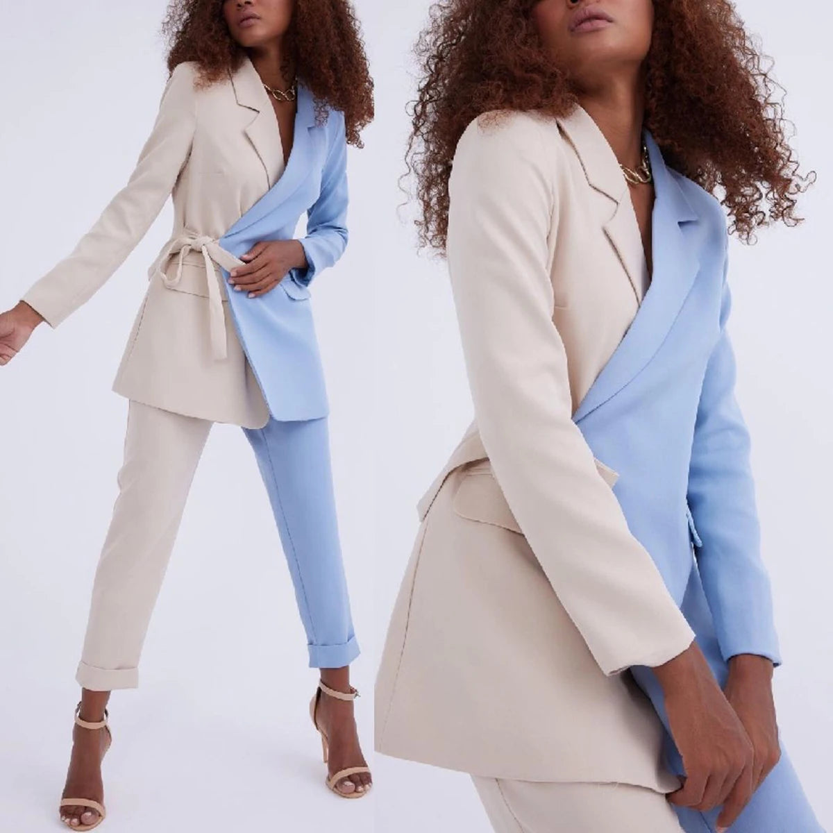 Simple Lace Up Women Suits Notched Lapel Blazer+Pants 2 Piece Slim Fit Casual Pocket Patchwork 2 Colors Suit Set Custom Made