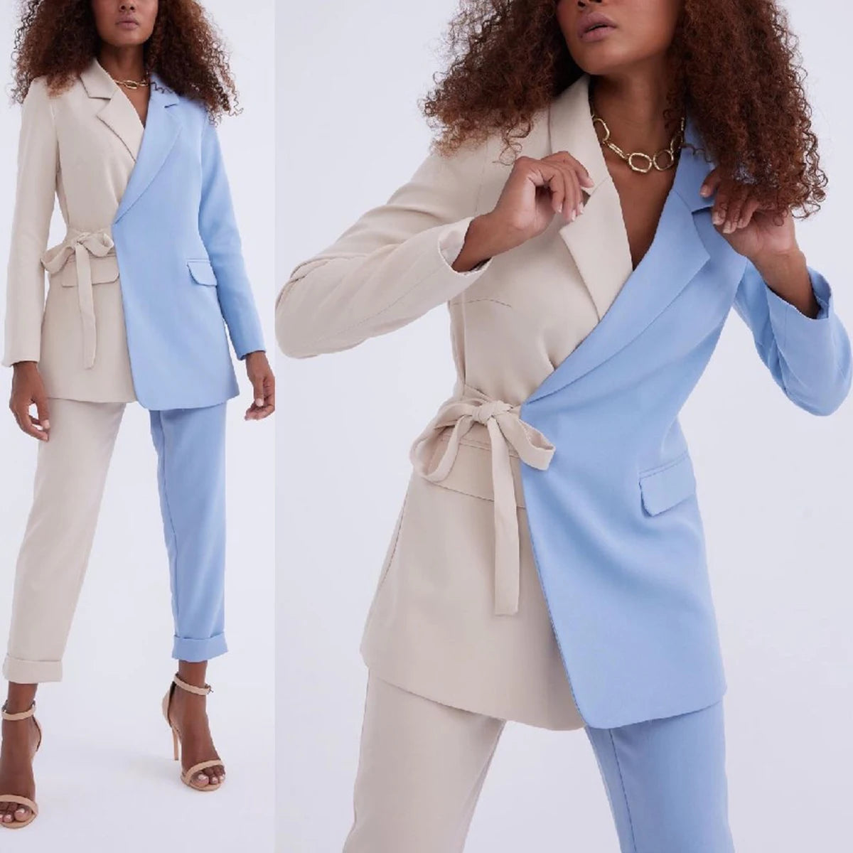 Simple Lace Up Women Suits Notched Lapel Blazer+Pants 2 Piece Slim Fit Casual Pocket Patchwork 2 Colors Suit Set Custom Made