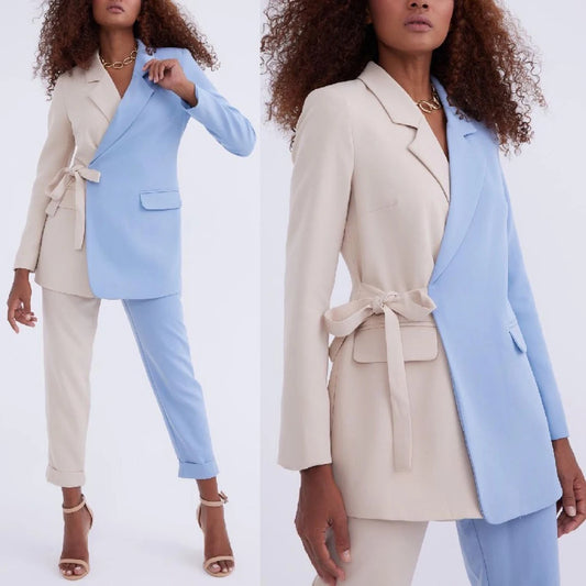 Simple Lace Up  Women Suits Notched Lapel Blazer+Pants 2 Piece Slim Fit Casual Pocket Patchwork 2 Colors Suit Set Custom Made