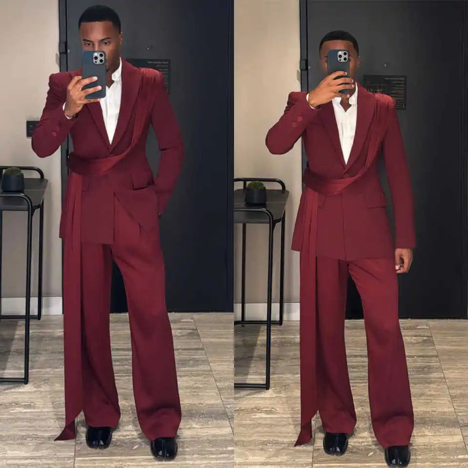 Simple Men Wedding Suits Peaked Lapel Single Breasted Ribbon Tuxedos Groom Party 2 Pcs Blazer Pants Customized Made