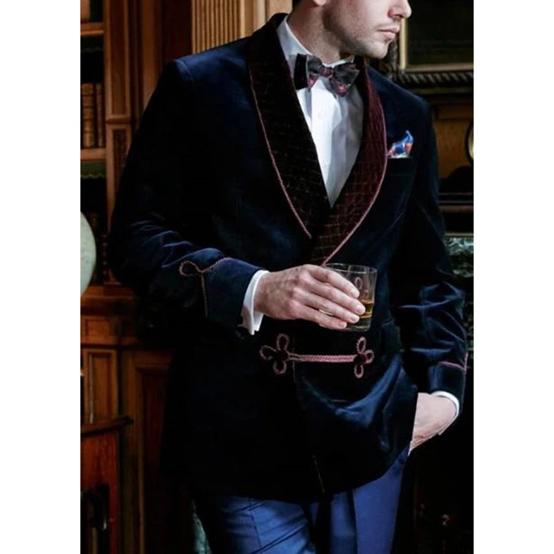 Men's Black Velvet Smoking Jacket with Quilted Shawl Collar and Decorative Trim