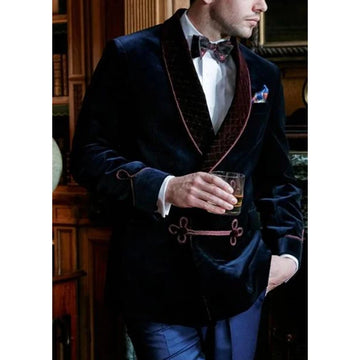 Men's Black Velvet Smoking Jacket with Quilted Shawl Collar and Decorative Trim