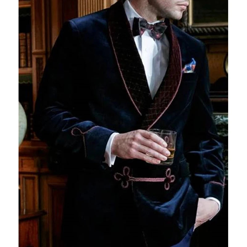 Men's Black Velvet Smoking Jacket with Quilted Shawl Collar and Decorative Trim