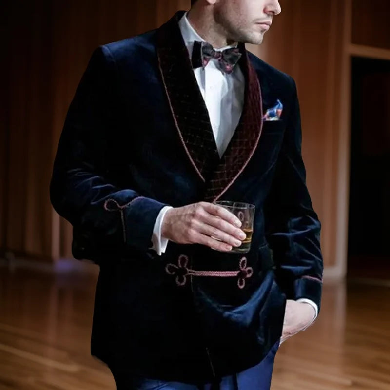 Men's Black Velvet Smoking Jacket with Quilted Shawl Collar and Decorative Trim