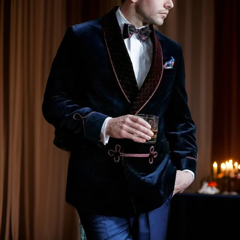 Men's Black Velvet Smoking Jacket with Quilted Shawl Collar and Decorative Trim