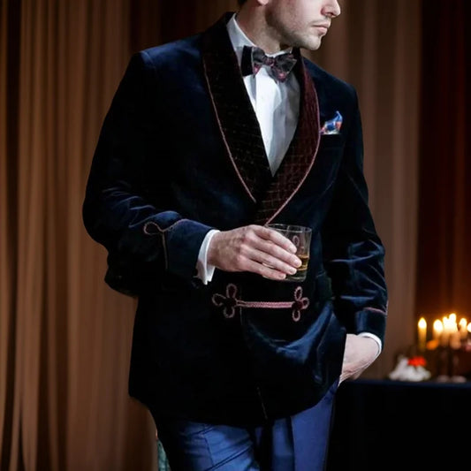 Men's Black Velvet Smoking Jacket with Quilted Shawl Collar and Decorative Trim