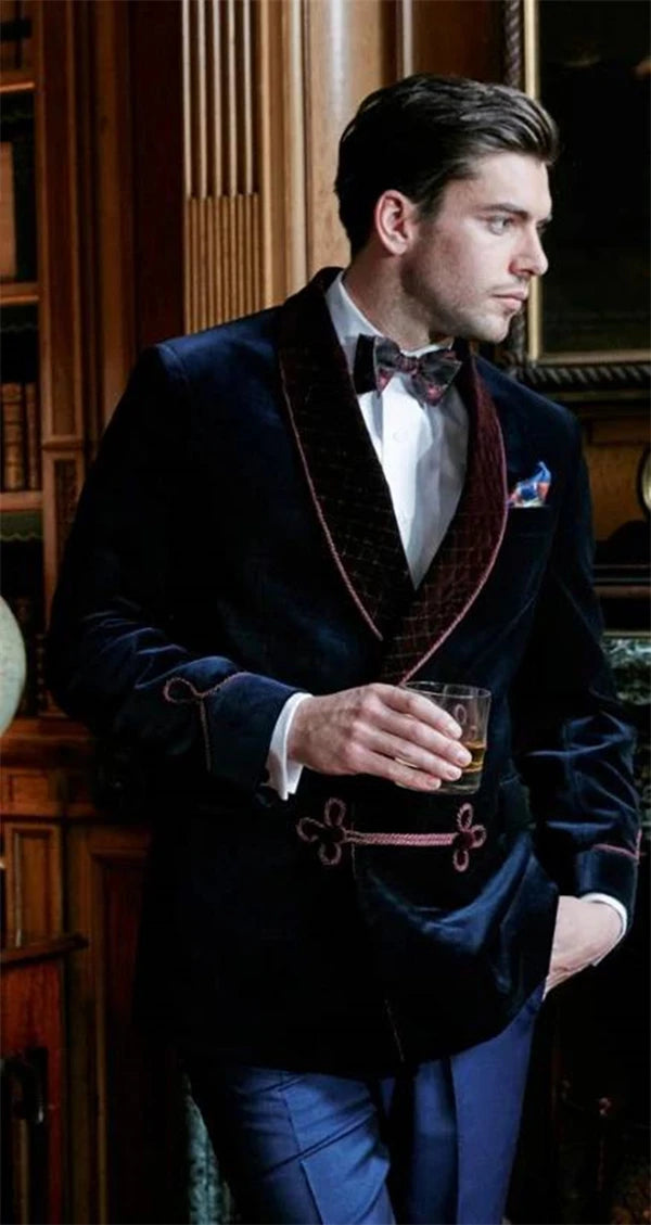 Men's Black Velvet Smoking Jacket with Quilted Shawl Collar and Decorative Trim
