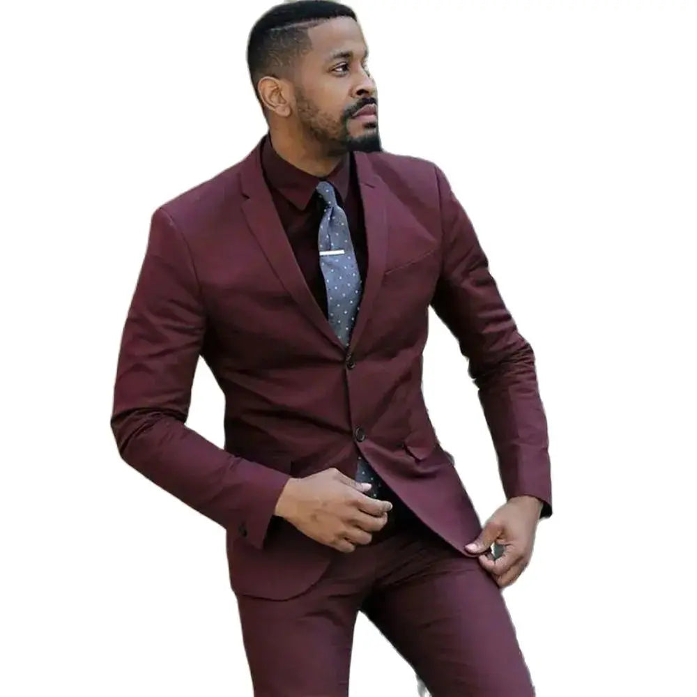 Skinny Luxury Men's Suits Burgundy Single Breasted Notch Lapel Formal 2 Piece Jacket Pants Outfits Prom Party Outfits Set Tenro