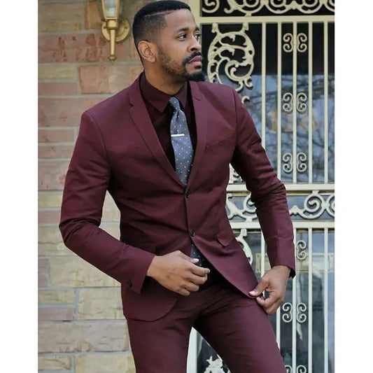 Skinny Luxury Men's Suits Burgundy Single Breasted Notch Lapel Formal 2 Piece Jacket Pants Outfits Prom Party Outfits Set Tenro