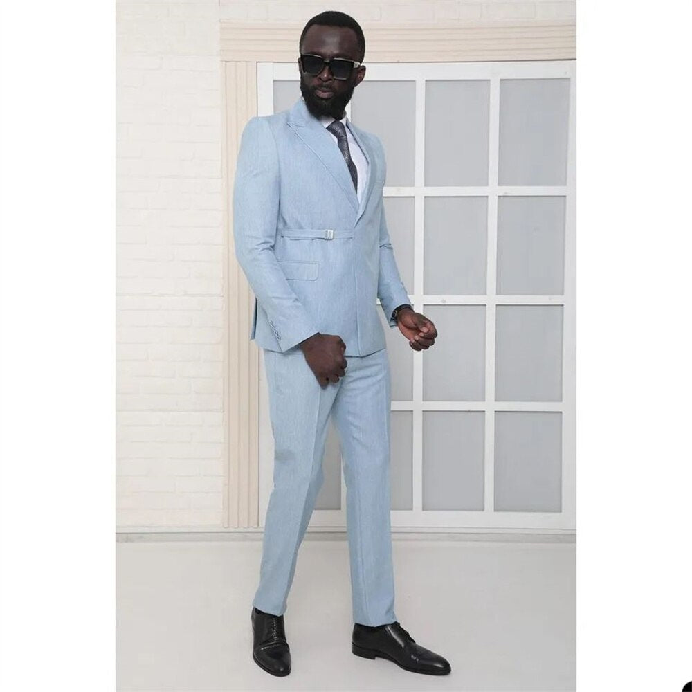 Sky Blue Blazer Sets 2 Pieces Groom Tuxedo Coats Pants Formal