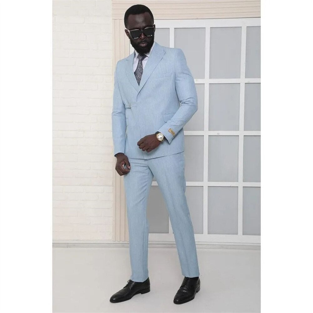 Sky Blue Blazer Sets 2 Pieces Groom Tuxedo Coats Pants Formal